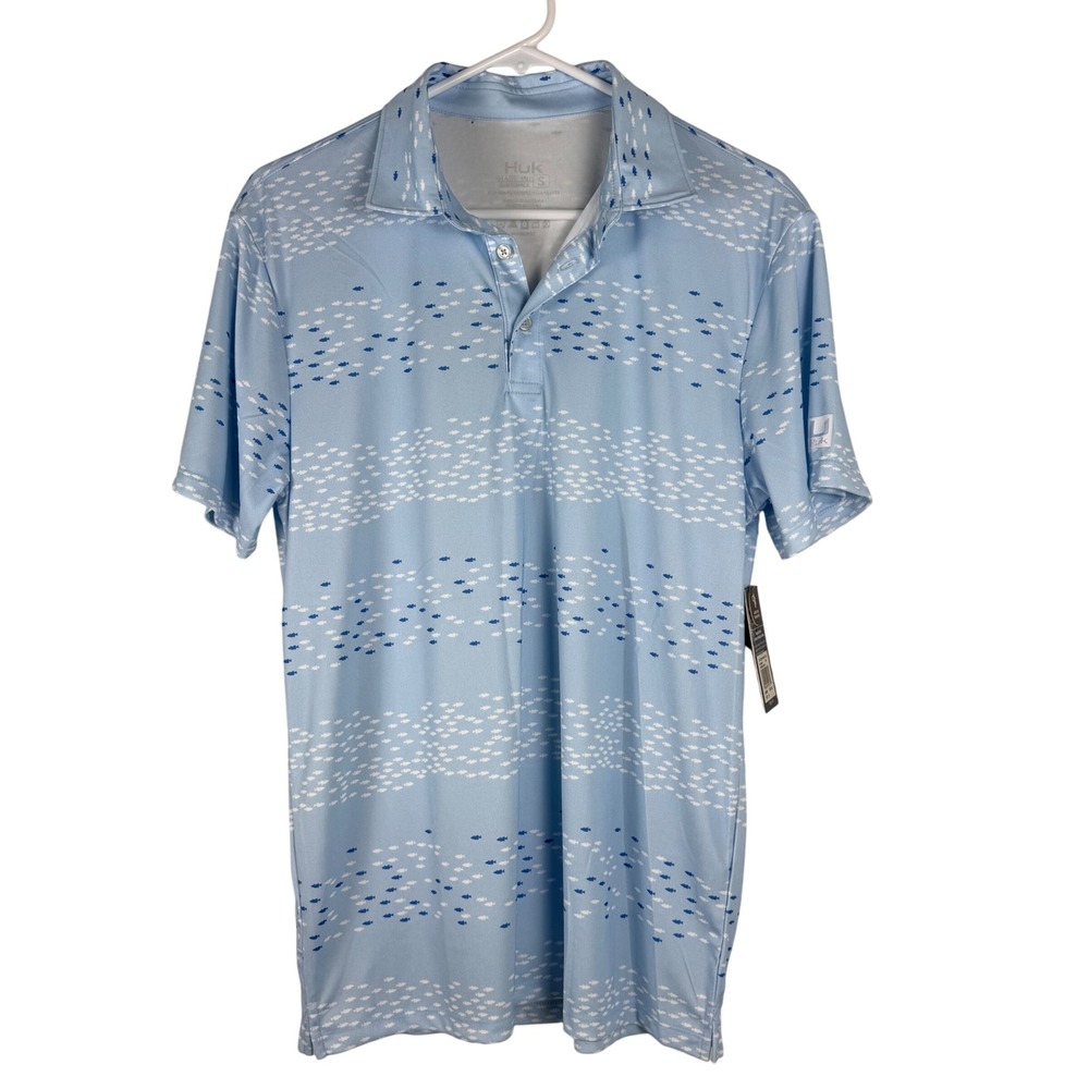 Huk Mens S Up Stream Pursuit Polo Blue Fish Print Performance Fishing Shirt